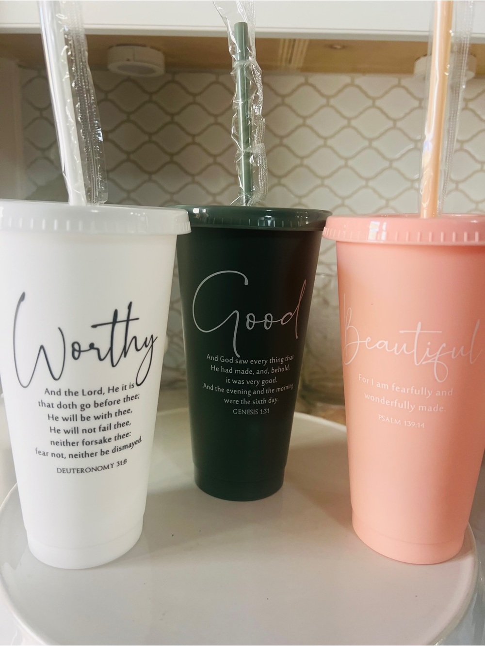 3pc 24 fl oz Plastic Tumblers BPA-Free w/ Lids & Straws Bible Verse Set